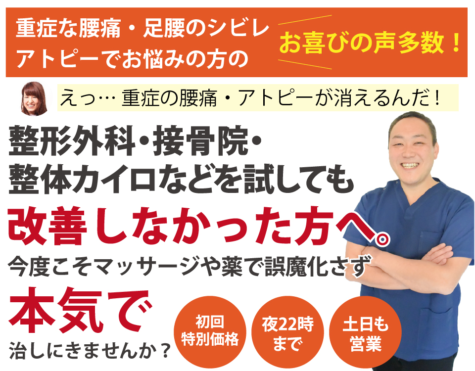「中川治療室」大阪市西区、四ツ橋、心斎橋にあるアトピー・重症腰痛専門の治療院です。なにをしても改善しない「アトピー性皮膚炎・腰痛」でお悩みなら当院へお任せ下さい。